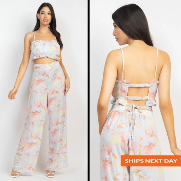 Tropical Ruffled Cut-Out Top & Pants Set - Vacation Set - 2 Piece Set - Summer - Picture 1 of 7